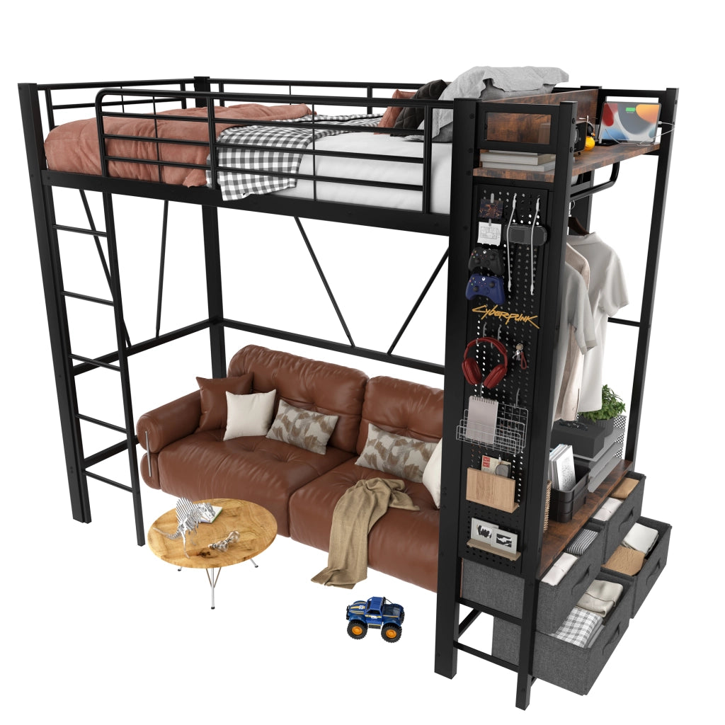 Letto a castello nero in metallo con funzioni integrate 90x200 cm