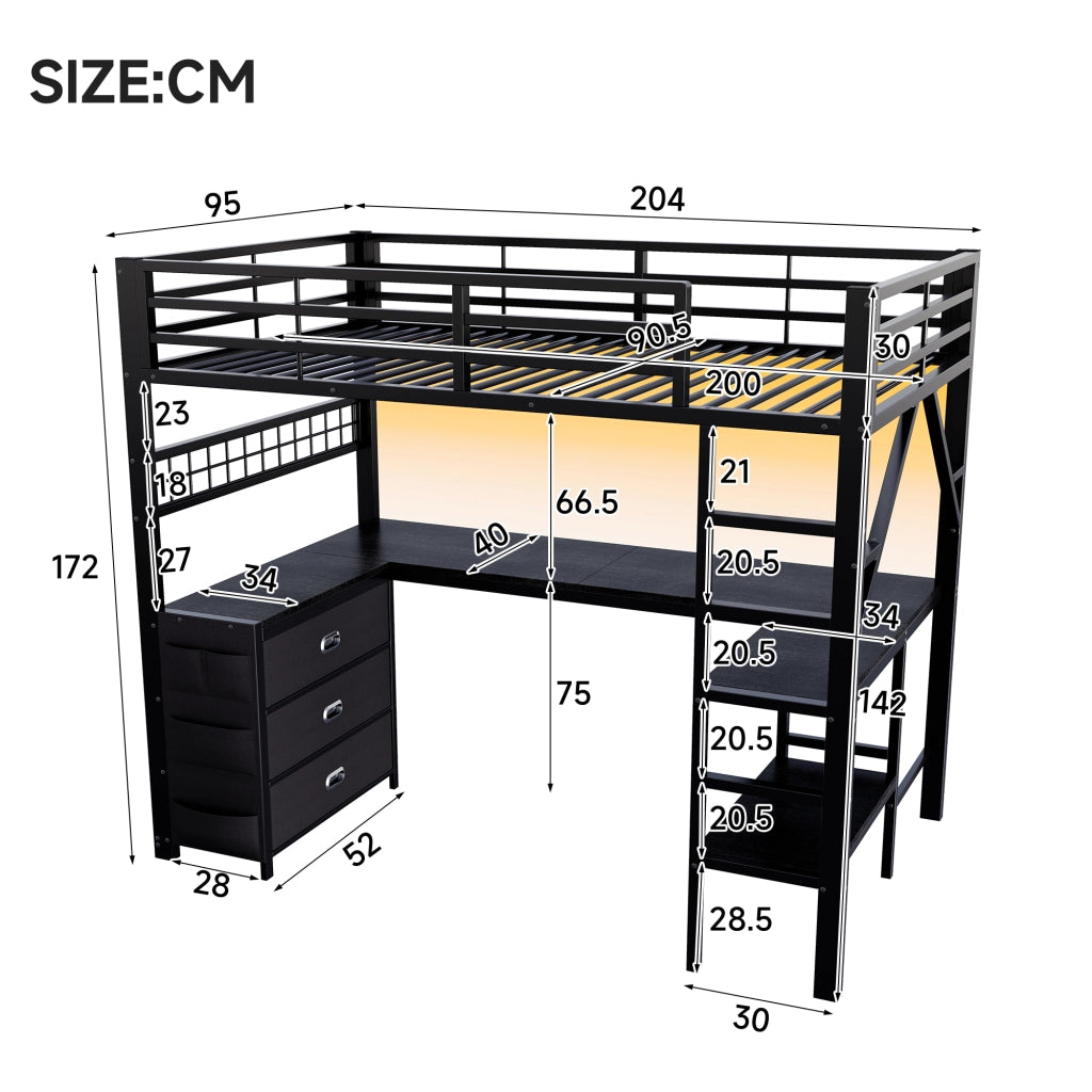 Letto a soppalco gaming 90x200 cm in metallo nero con scrivania e cassetti