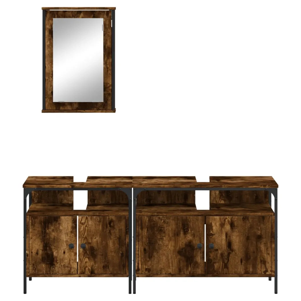 Set Mobili da Bagno | Armadio da bagno 3 pz Rovere Fumo in Legno Multistrato