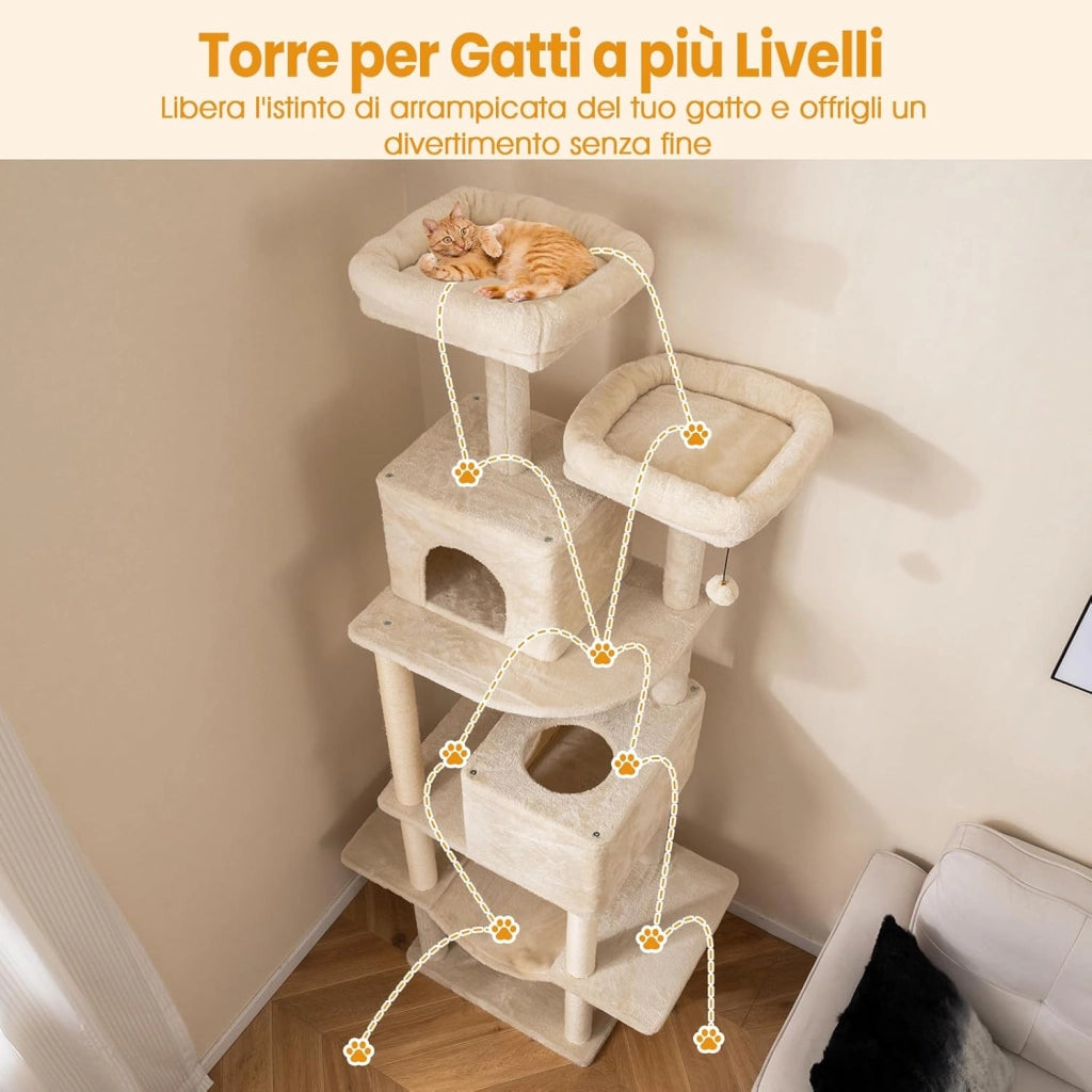 Albero per Gatti da Interno Alto 205 cm, Tiragraffi per Gattini con 2 Condomini, 2 Postazioni Soffici, Tiragraffi & Corda, Giochi Pendenti, Amaca e Piattaforme per Salti, Mobile per Gatti