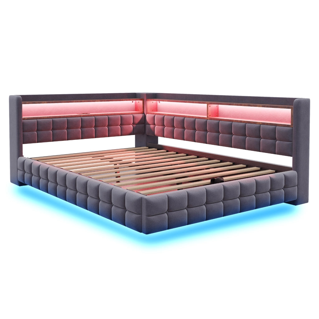 Divano letto imbottito 140x200 cm con contenitore idraulico; LED e prese USB; grigio