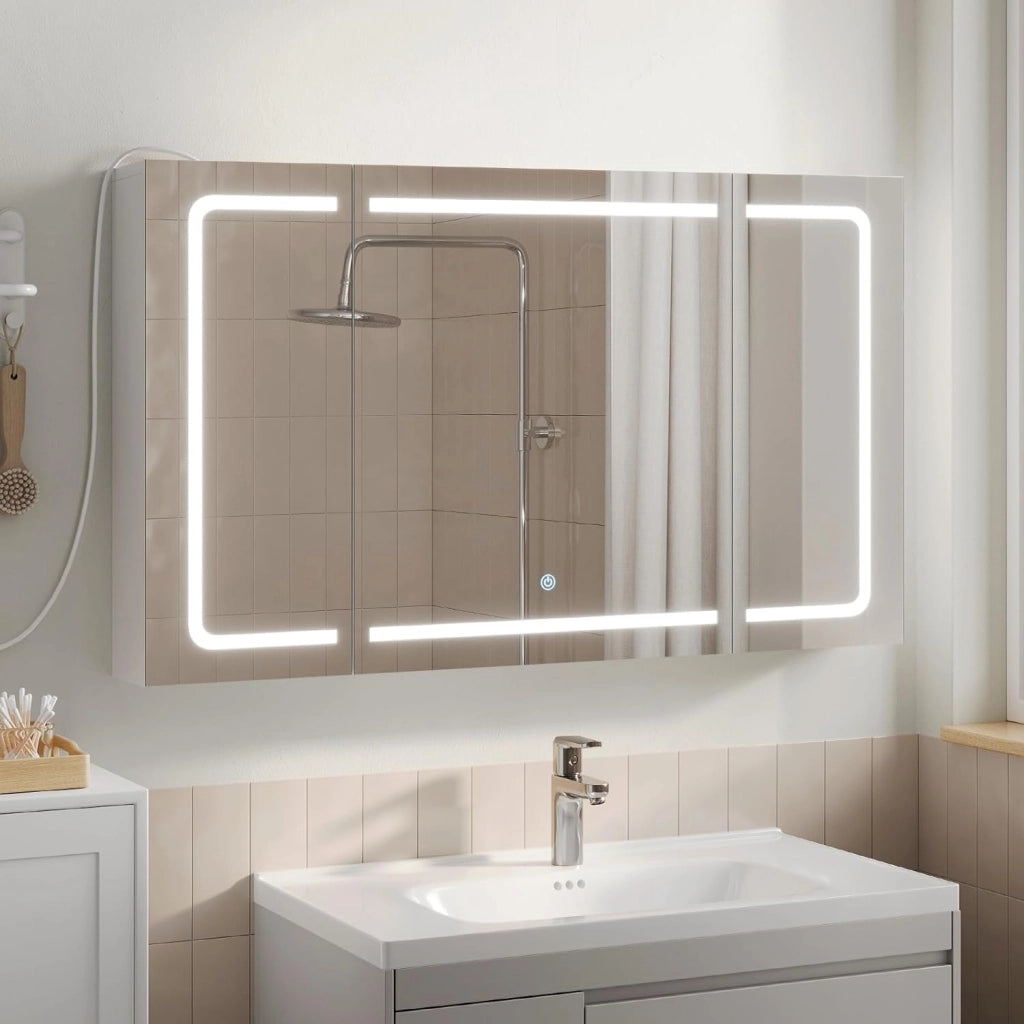 Mobile Bagno con Specchio e Luce, Armadietto Bagno a 3 Porte con Ripiani Regolabili, Ganci e Prese, Luce Tattile a 3 Colori, per Appartamento, Bianco, 100x14,5x60 cm, Nordico