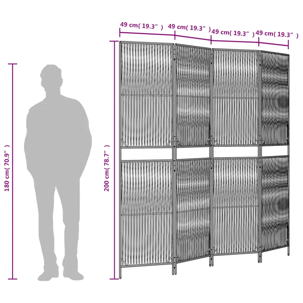Divisorio per Ambienti | Divider per stanze | Paravento a 4 Pannelli Grigio in Polyrattan