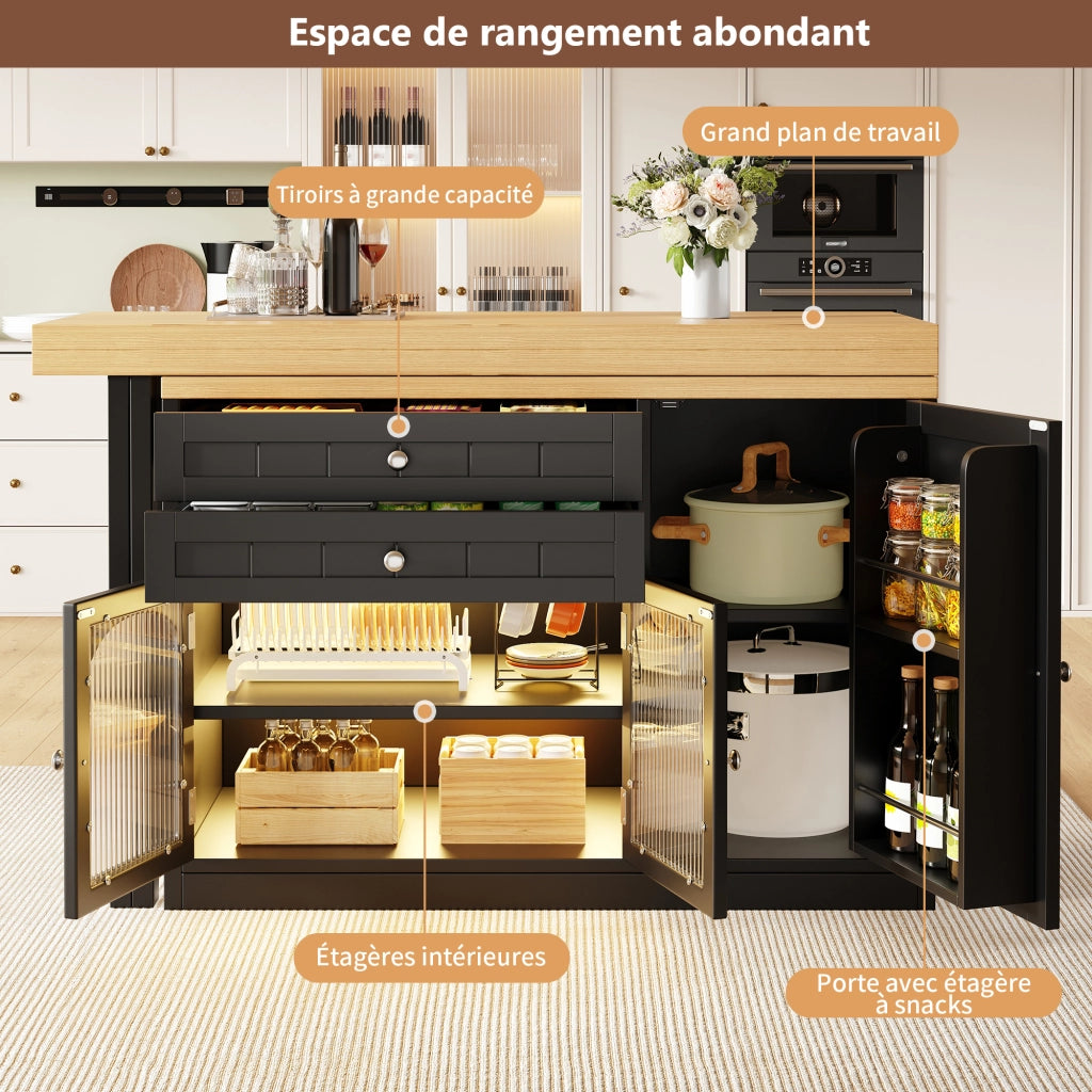 Mobile cucina multifunzionale con piano girevole ed estensibile; 2 cassetti; ante in vetro e ripiani; per sala da pranzo; nero; 120 × 40 × 73.5 cm