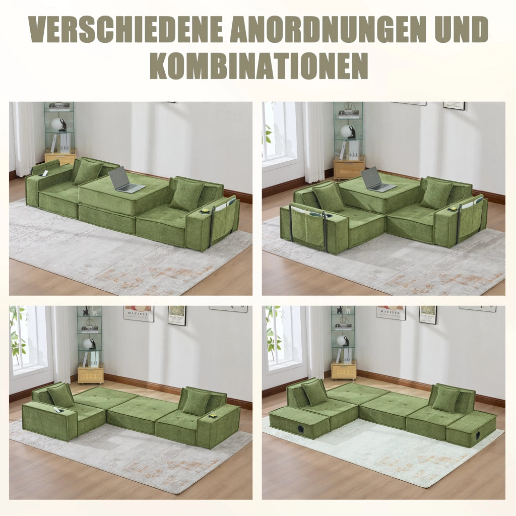 Pouf modulare con cuscini e tasche laterali per lettura e relax in ciniglia verde per salotto 162 × 78 × 66 cm