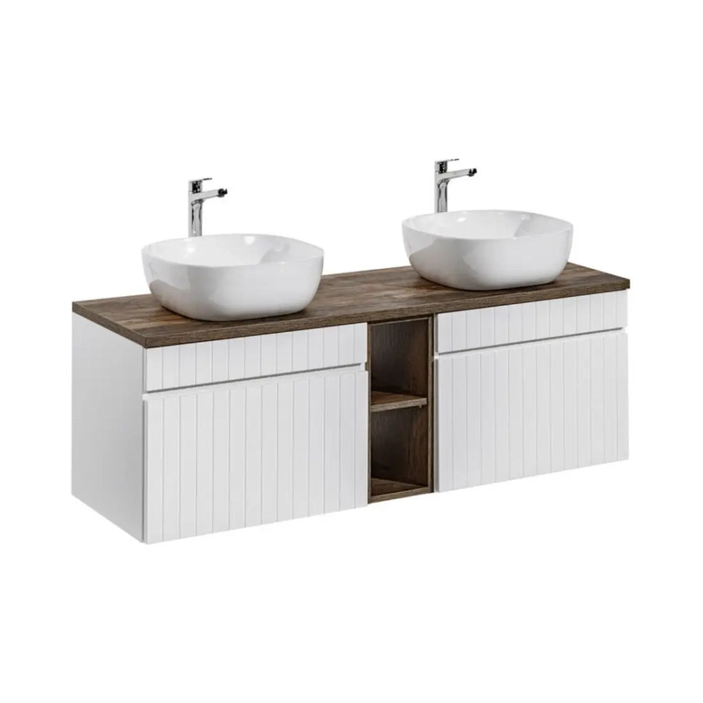 Set ICON bianco: mobili sotto lavabo 140cm con nicchie visibili + piano per lavabo + due lavabi da appoggio bianchi
