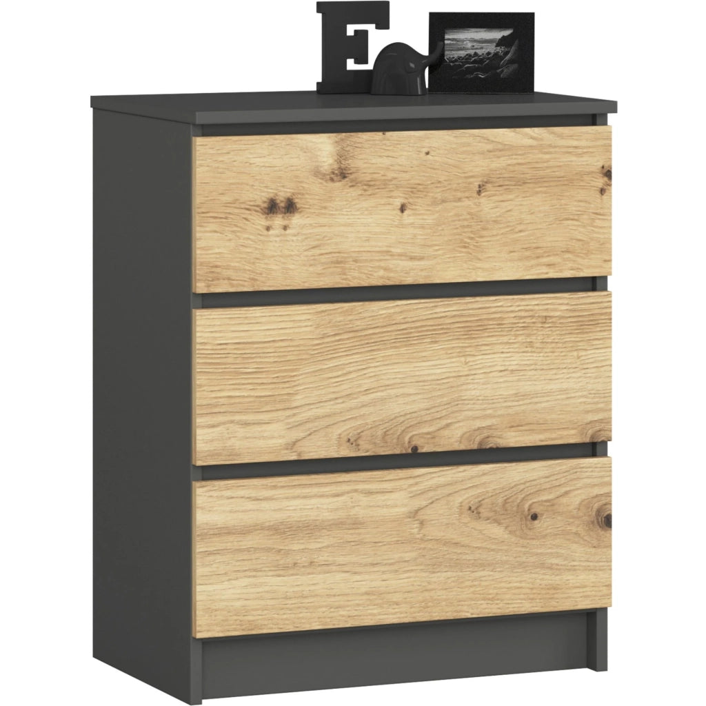 Cassettiera AKORD K60 Cassettiera Grigia Grafite 60 cm 3 cassetti inserto frontale Quercia Artisan 60x40x77 cm