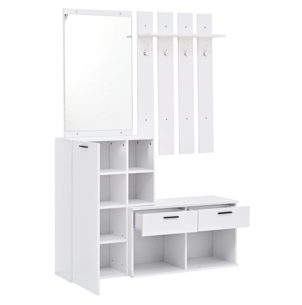 Garderoba da ingresso con specchio; 2 cassetti; 4 ganci e scarpiera 120x35x175;5 cm; bianco