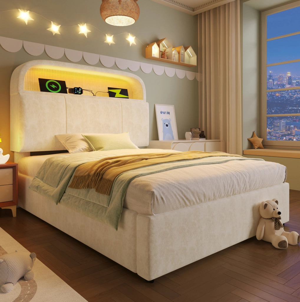 Letto imbottito 90x200 cm beige con materasso, LED, USB/Type-C e vano contenitore