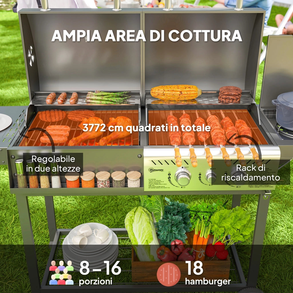 Barbecue a Carbone e Gas con 3 Bruciatori e Coperchio Termometro e Ruote Nero