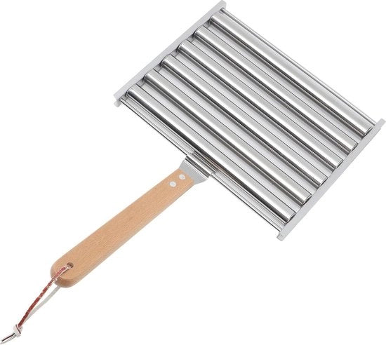 Rolla per Hot Dog in Acciaio Inox - Rotolo per Hot Dog per Griglia con Maniglia in Legno Lunga - Griglia per Hot Dog per Cottura Uniforme (M)