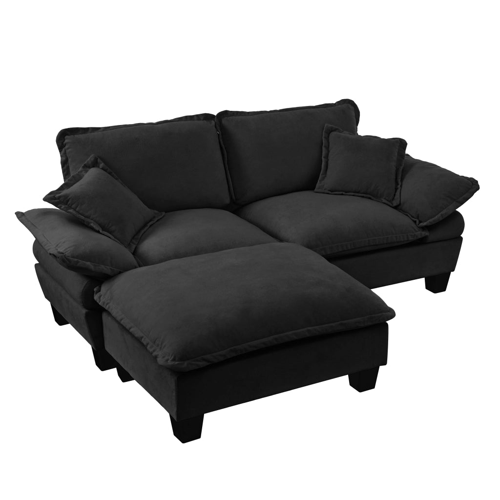 Divano modulare angolare 3 posti - con chaise longue mobile e cuscini - in ciniglia nera