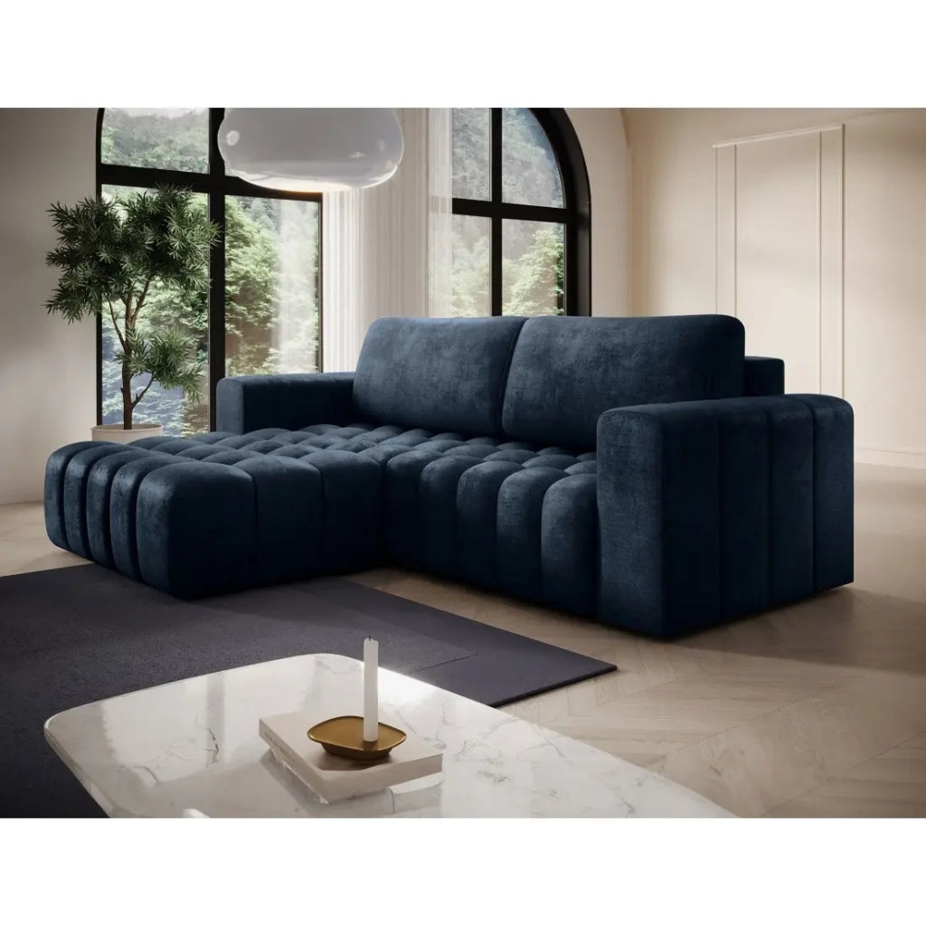 Divano angolare trasformabile DORY blu scuro 250 cm con contenitore angolo sinistro