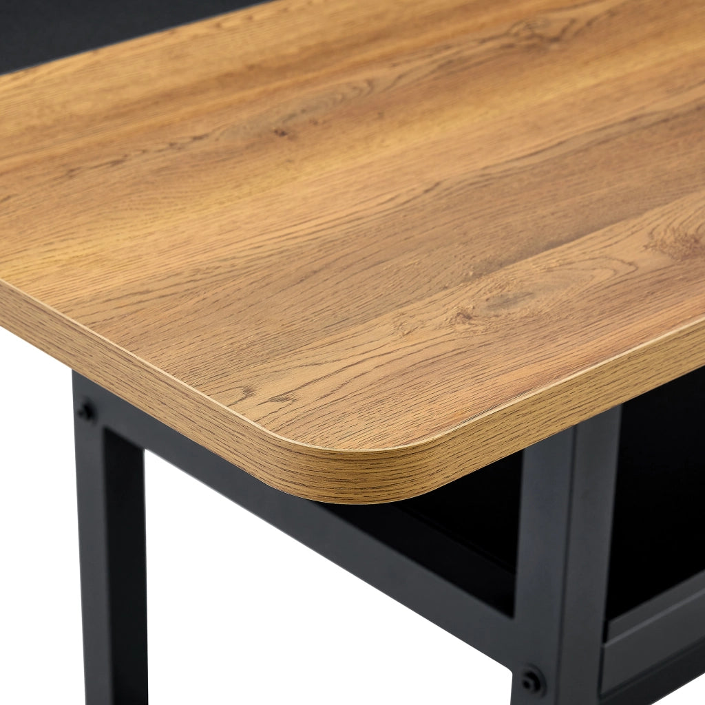 Tavolo da pranzo per 4-6 persone con ripiano integrato, struttura in MDF e metallo, nero e legno, 160 × 90 × 76 cm