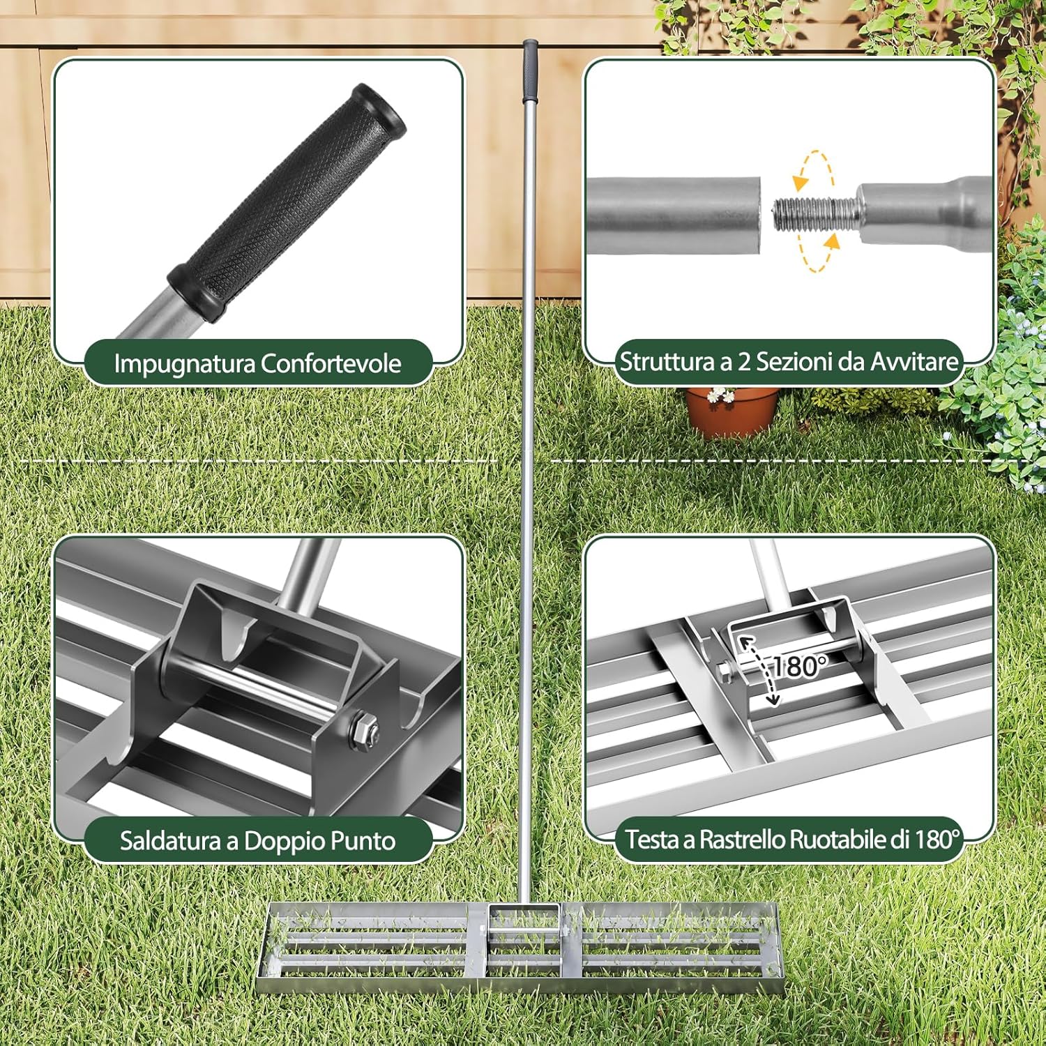 Rastrello Livellatore per Prato, Attrezzo per la Livellatura del Prato con Manico Ergonomico, Livellatrice per Giardino, Cortile, Campo da Golf, Fattoria e Pascolo (Argento 91 x 25 cm)