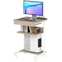 Scrivania PC con Cassetto Scorrevole, 2 Ripiani e 4 Rotelle, in Legno e Metallo, 56x51x79 cm, Bianco e Rovere