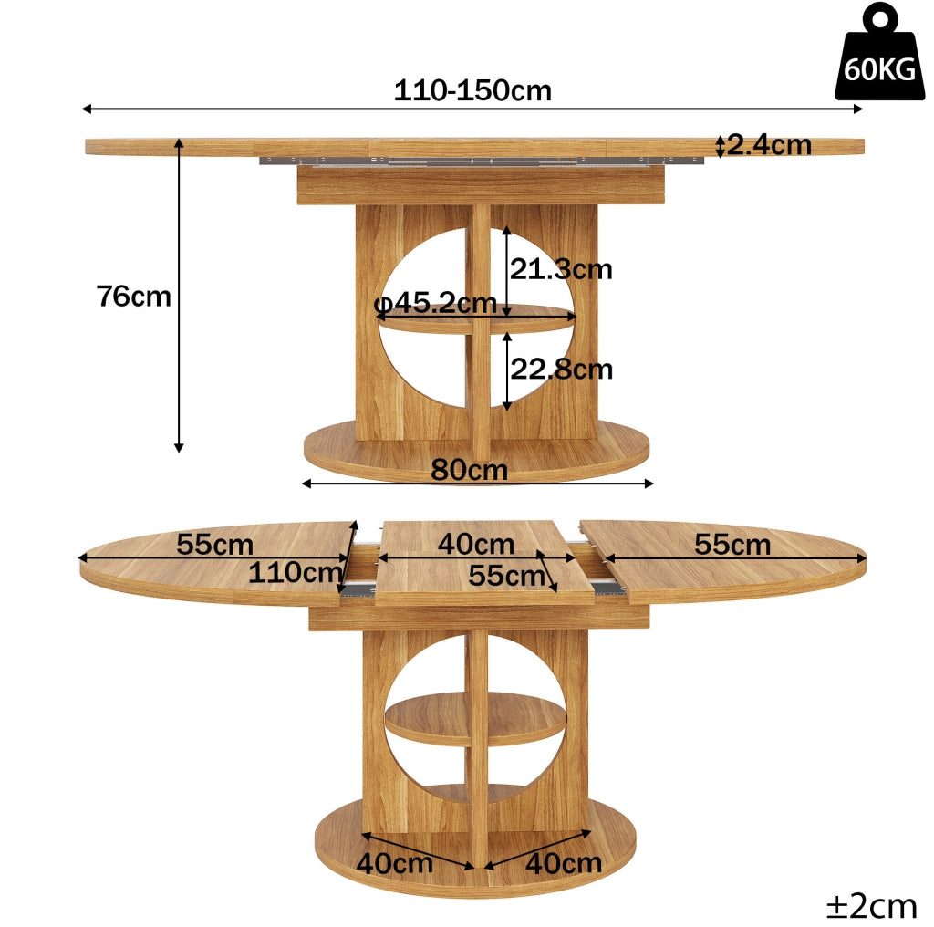 Tavolo da pranzo allungabile ovale 110-150 cm con ripiano