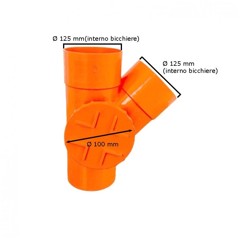 Derivazione 45° con tappo per ispezione in pvc : Diametro - 125 (con tappo Ø100), Modello - Destra