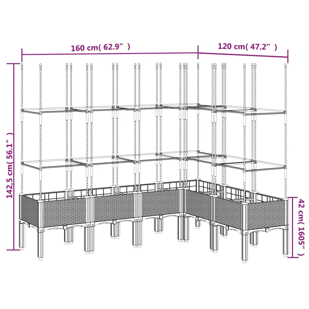 Fioriera rialzata per piante fiori patio giardino con traliccio 160 x 120 x 142,5 cm PP grigio 02_0038255
