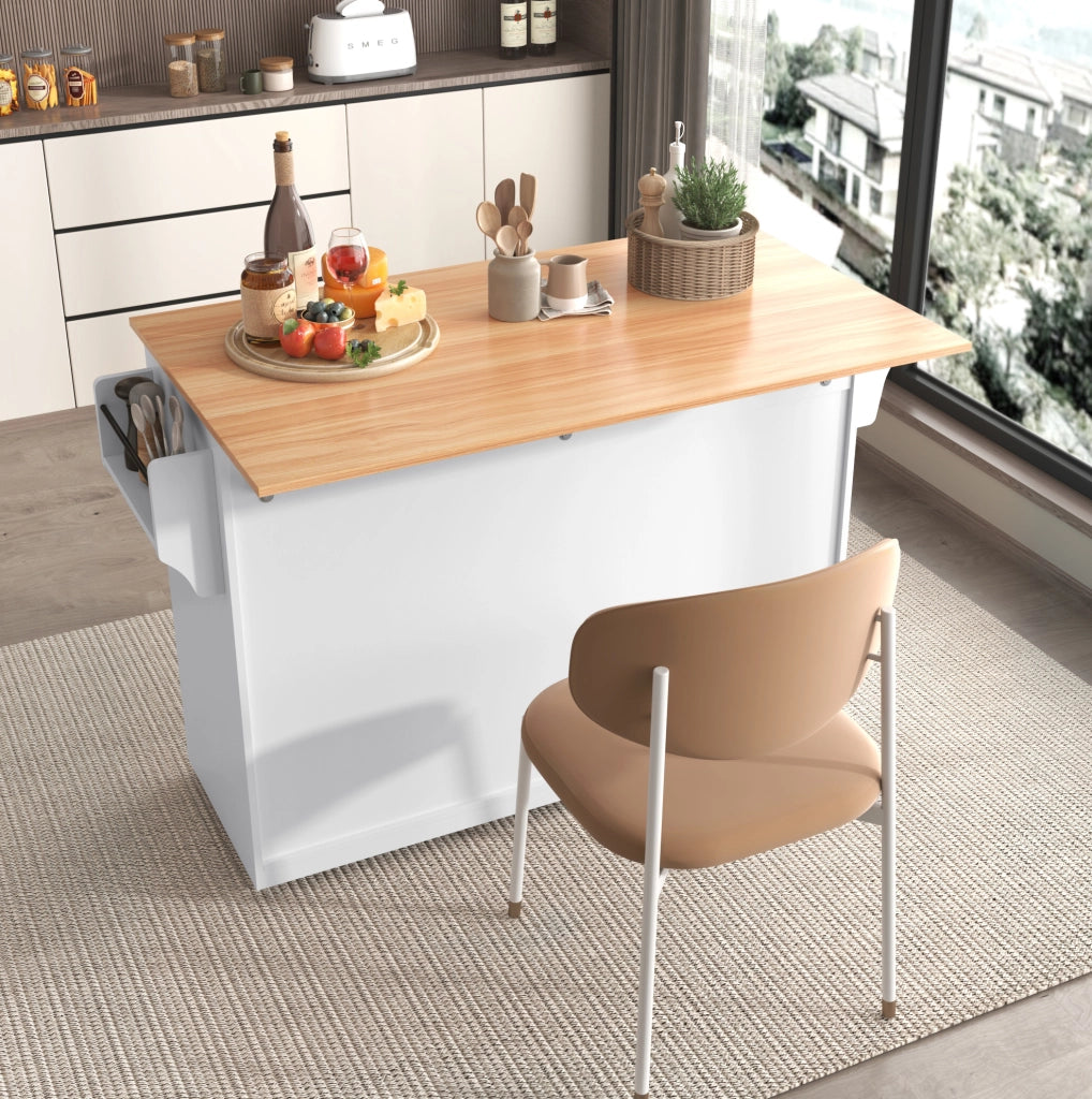 Carrello da cucina con piano ribaltabile e ruote, bianco e naturale