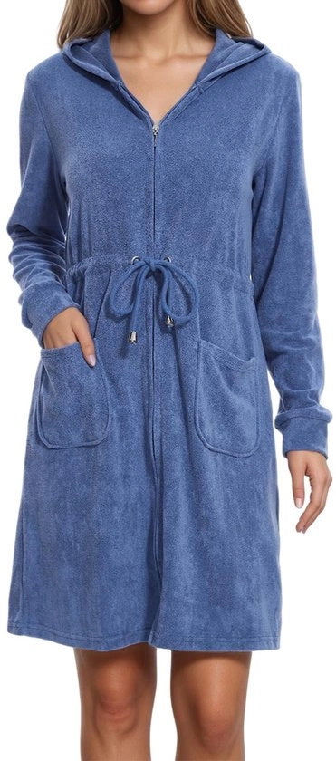 Badjas da Donna con Cappuccio e Cerniera in Bambacca Marina con Tasche Corta e Leggera