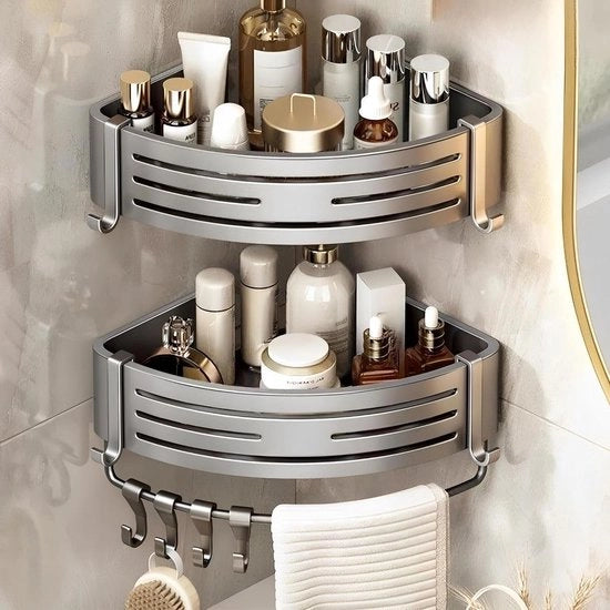 Set di 2 Pannelli di Supporto per Bagno senza Fori con Adesivo per Organizzazione e Stoccaggio - Accessori per Bagno e Cucina - Pannelli di Supporto per Angolo con 4 Ganci