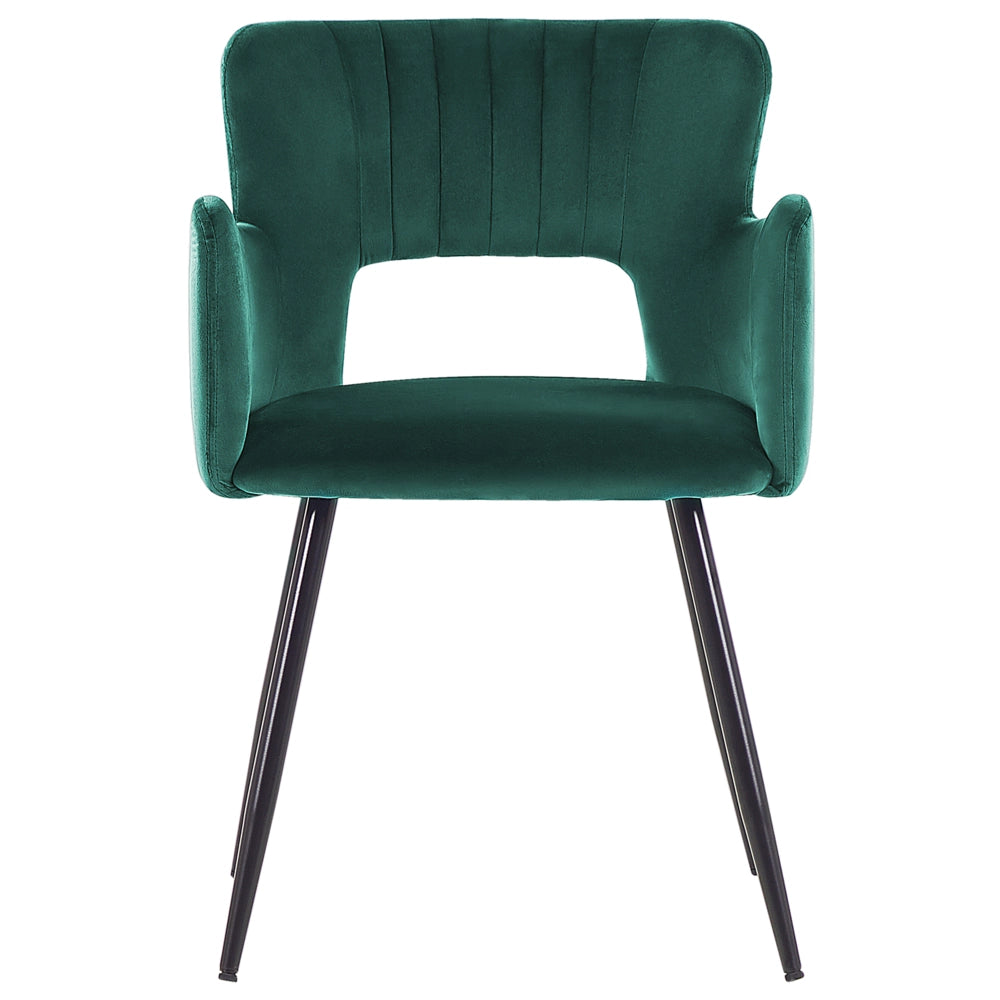 Set di 2 sedie da pranzo velluto verde smeraldo braccioli schienale intagliato gambe in metallo moderna industriale
