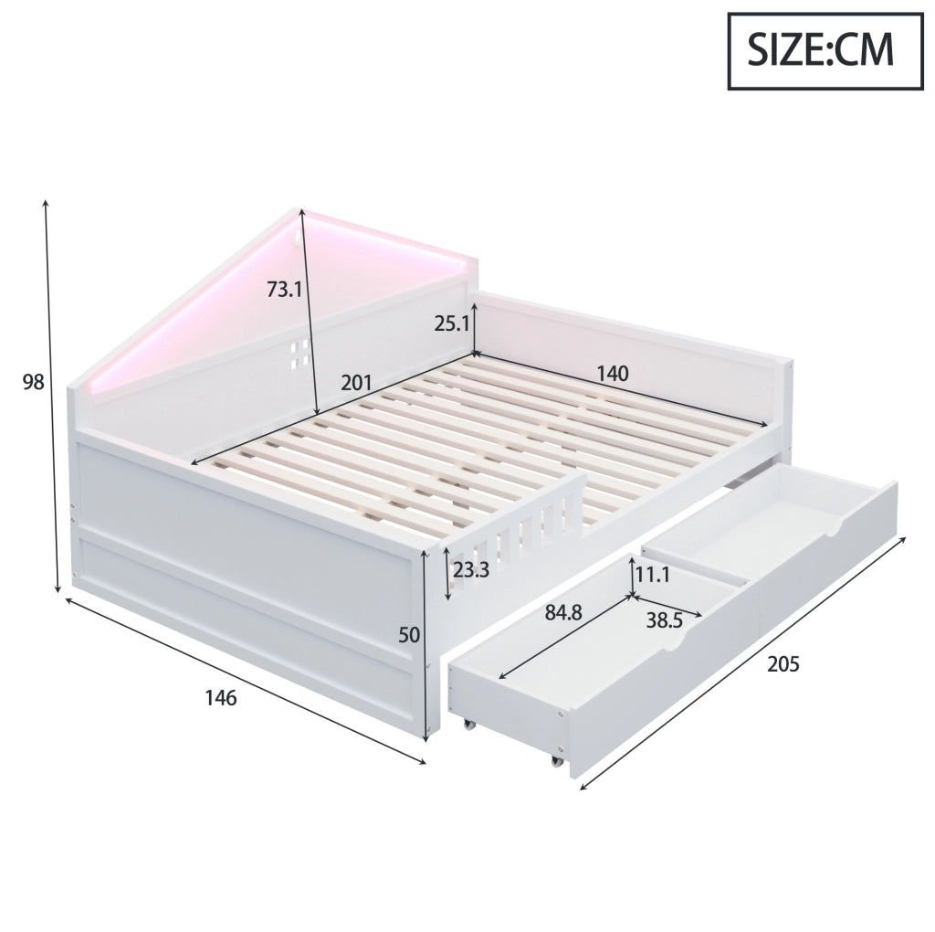 Letto singolo multifunzione 140x200 cm con LED e 2 cassetti; bianco; legno massiccio e MDF