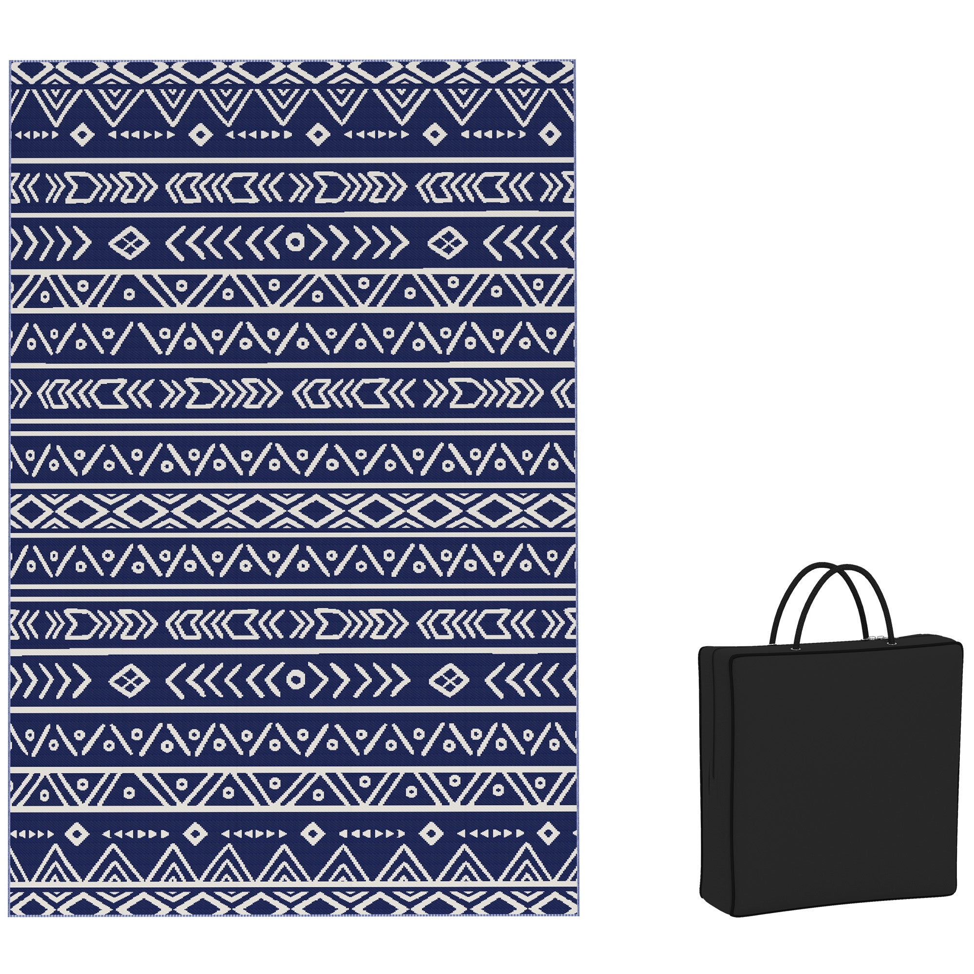 Tappeto da Esterno Reversibile 182x274 cm con Motivo Geometrico e Borsa Inclusa Blu e Bianco