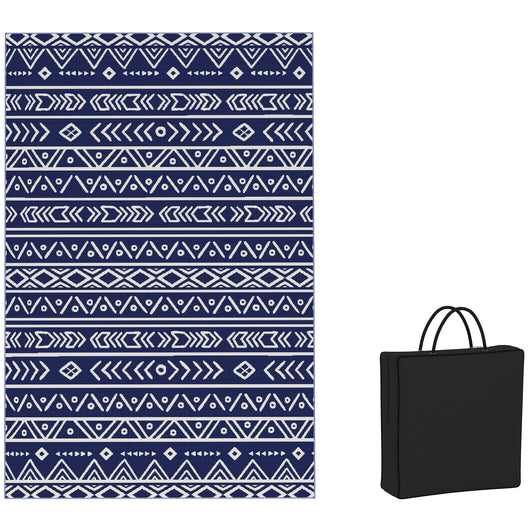 Tappeto da Esterno Reversibile 182x274 cm con Motivo Geometrico e Borsa Inclusa Blu e Bianco