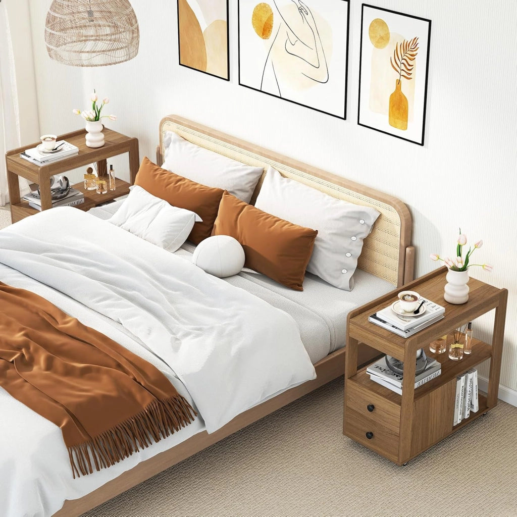 Tavolino da divano, contenitore con 2 cassetti e scaffali aperti, supporto per stampante con ruote, comodino, sottile, per ufficio, 65 x 30 x 62 cm (marrone)