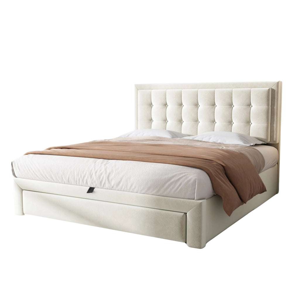 Letto imbottito 140x190 cm in velluto beige con testiera regolabile e contenitore