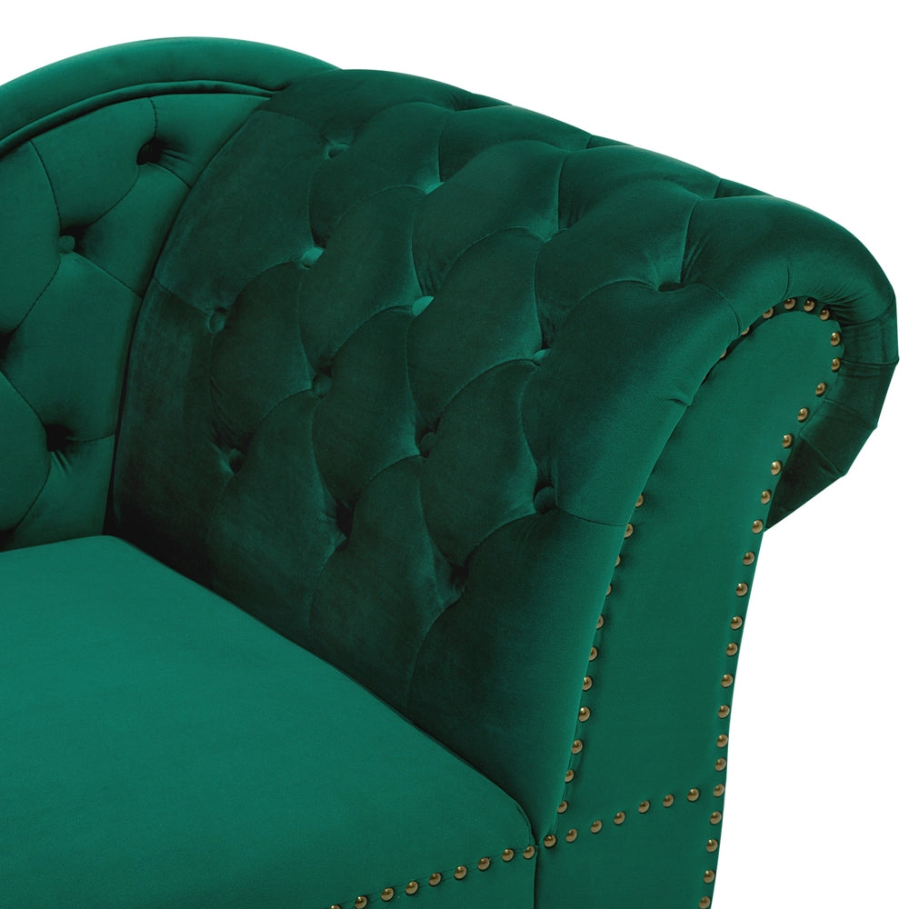 Chaise longue di colore Verde versione destra in Velluto abbottonato testa chiodata Stile Chesterfield