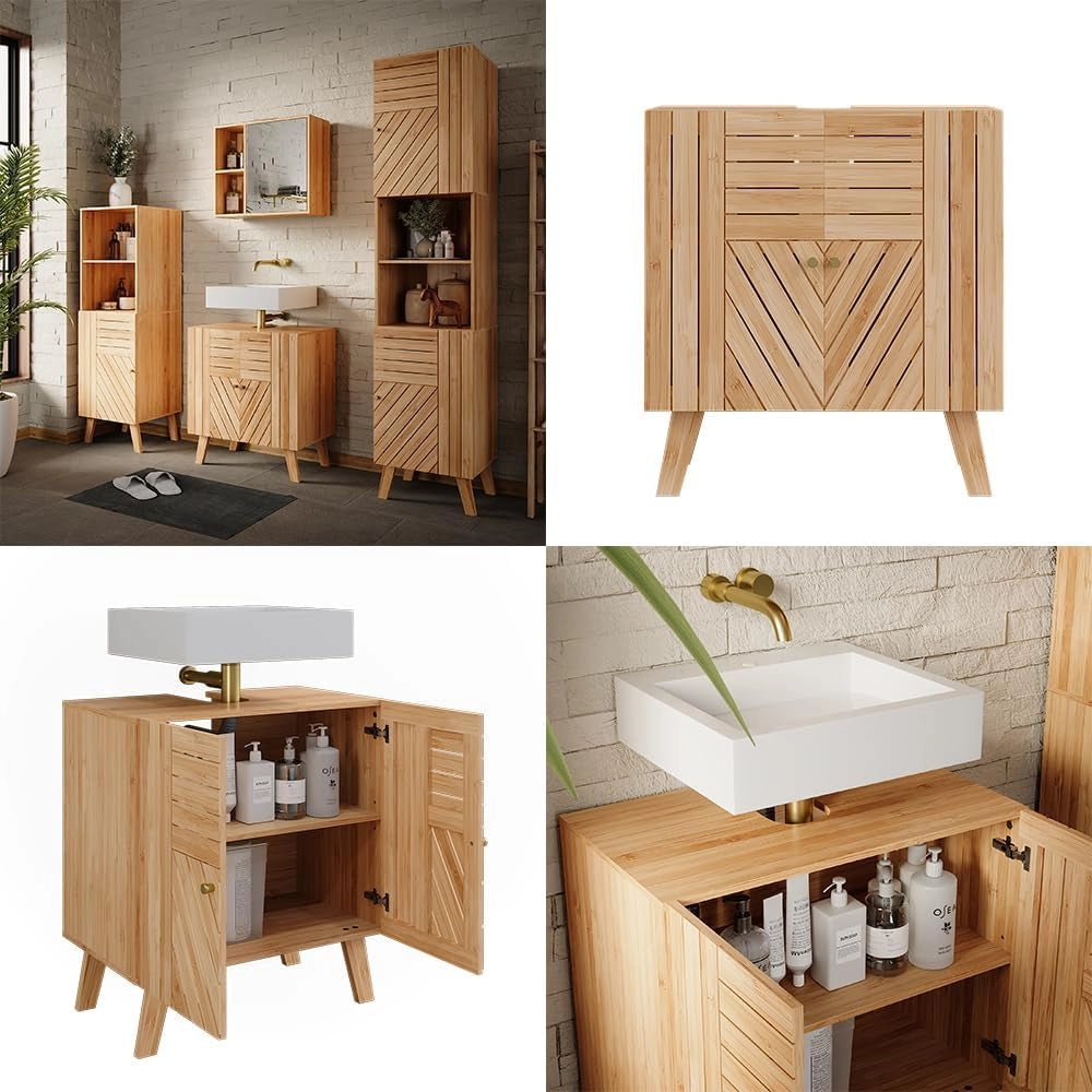 Mobiletto per lavabo Lucie, Bambù, 60 x 65 cm con 2 porte, adatto per la conservazione salvaspazio di accessori da bagno