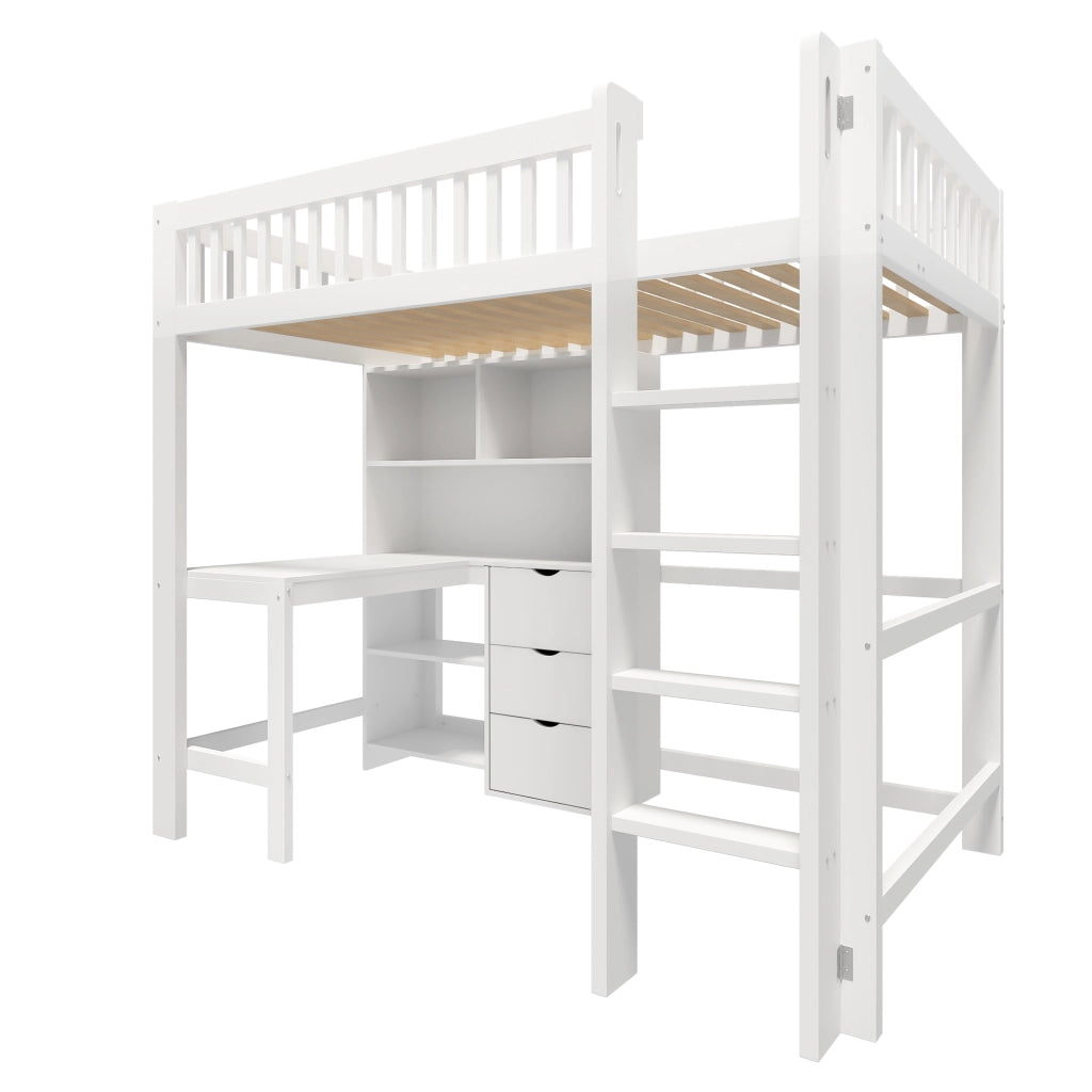 Letto a soppalco singolo 90×200 cm con scala; scrivania; 3 cassetti e ripiani; senza materasso; bianco