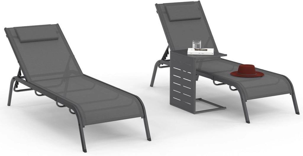 Set di 2 lettini da Giardino reclinabili Bora con tavolino Regolabile in Acciaio Grigio Antracite e Tessuto Grigio