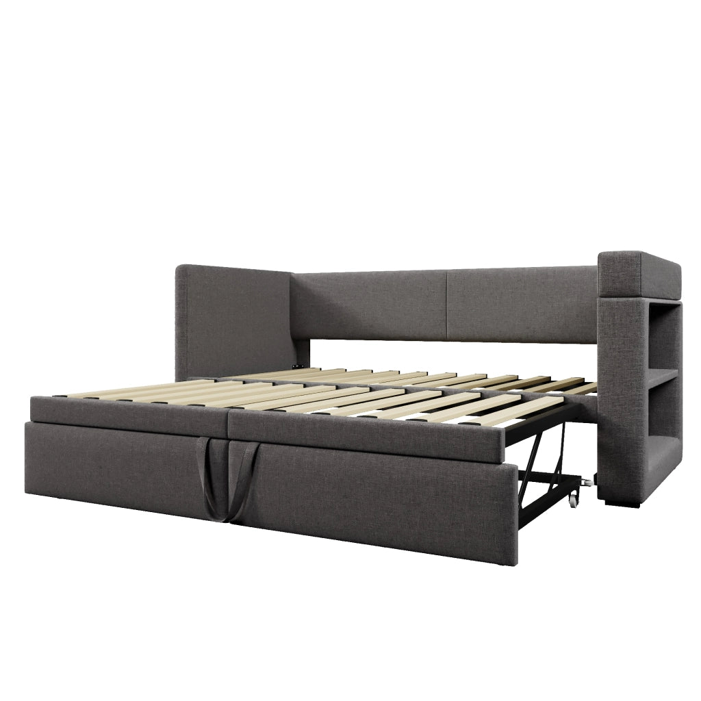 Letto daybed 90x200 cm con letto estraibile, USB e Type-C, portabicchieri, grigio, senza materasso