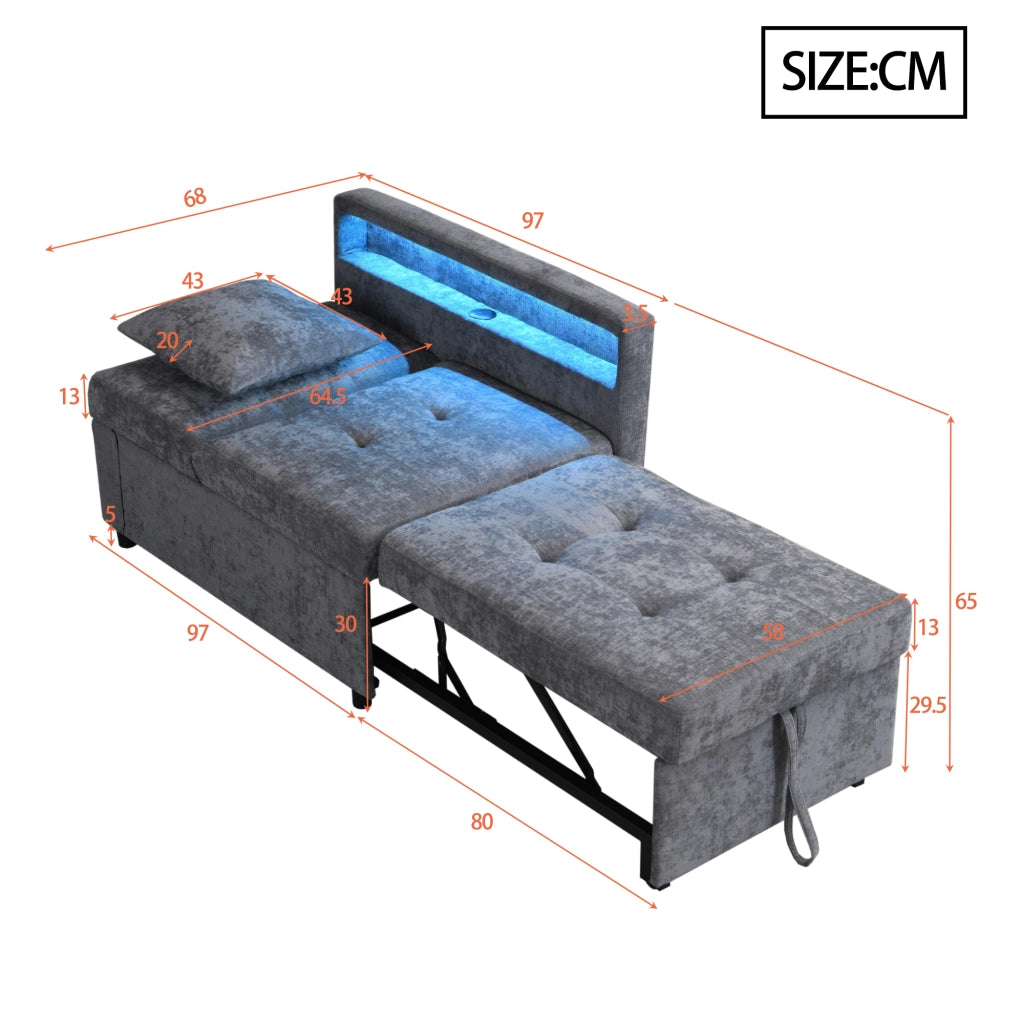 OKWISH Divano Letto 3 in 1, Schienale Regolabile in 5 Posizioni con LED, Porte USB-C e Cuscino, Tessuto di Lino, Grigio Chiaro