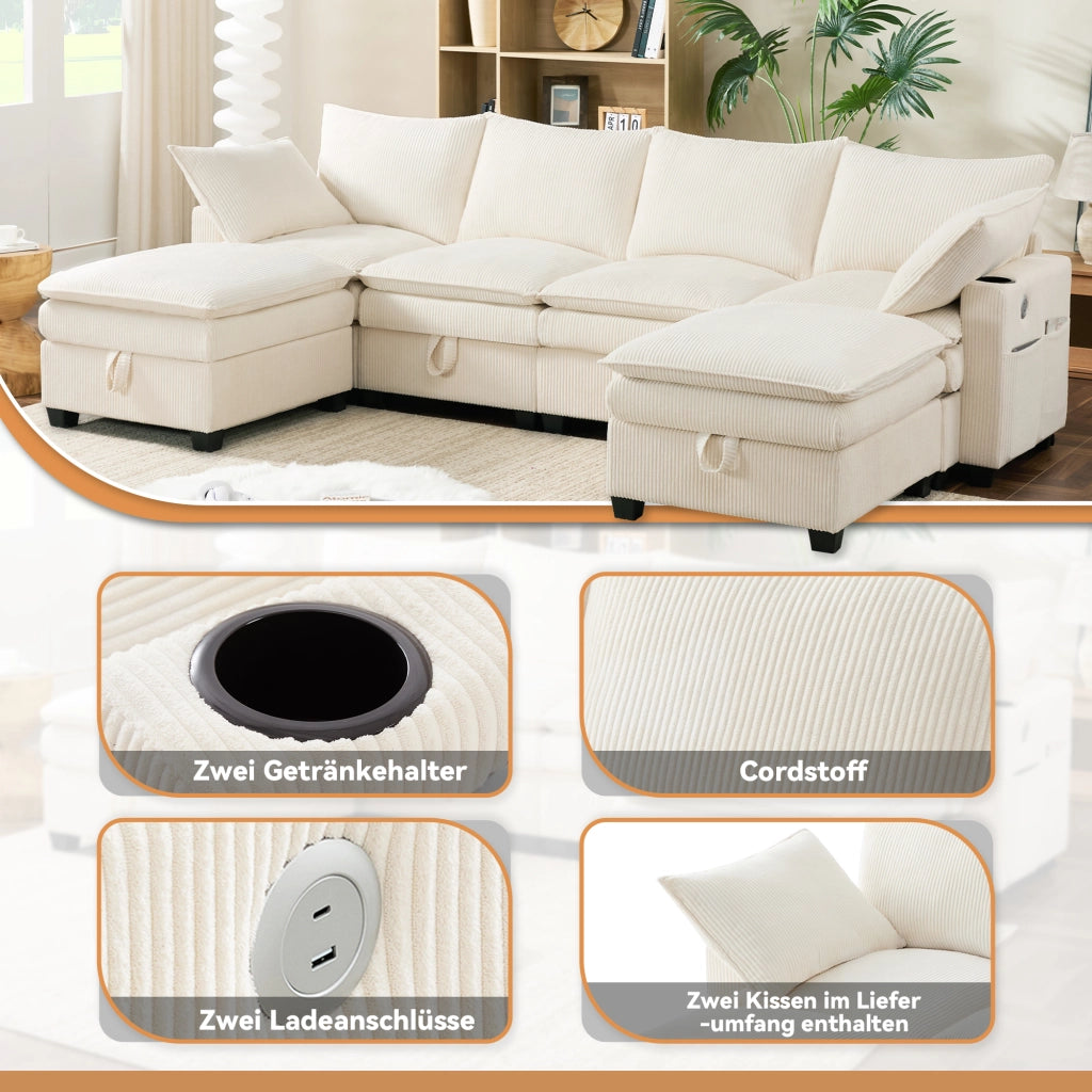Divano modulare angolare 5 a 6 posti con contenitore, porte USB, portabicchieri e cuscini, in velluto a coste, Beige
