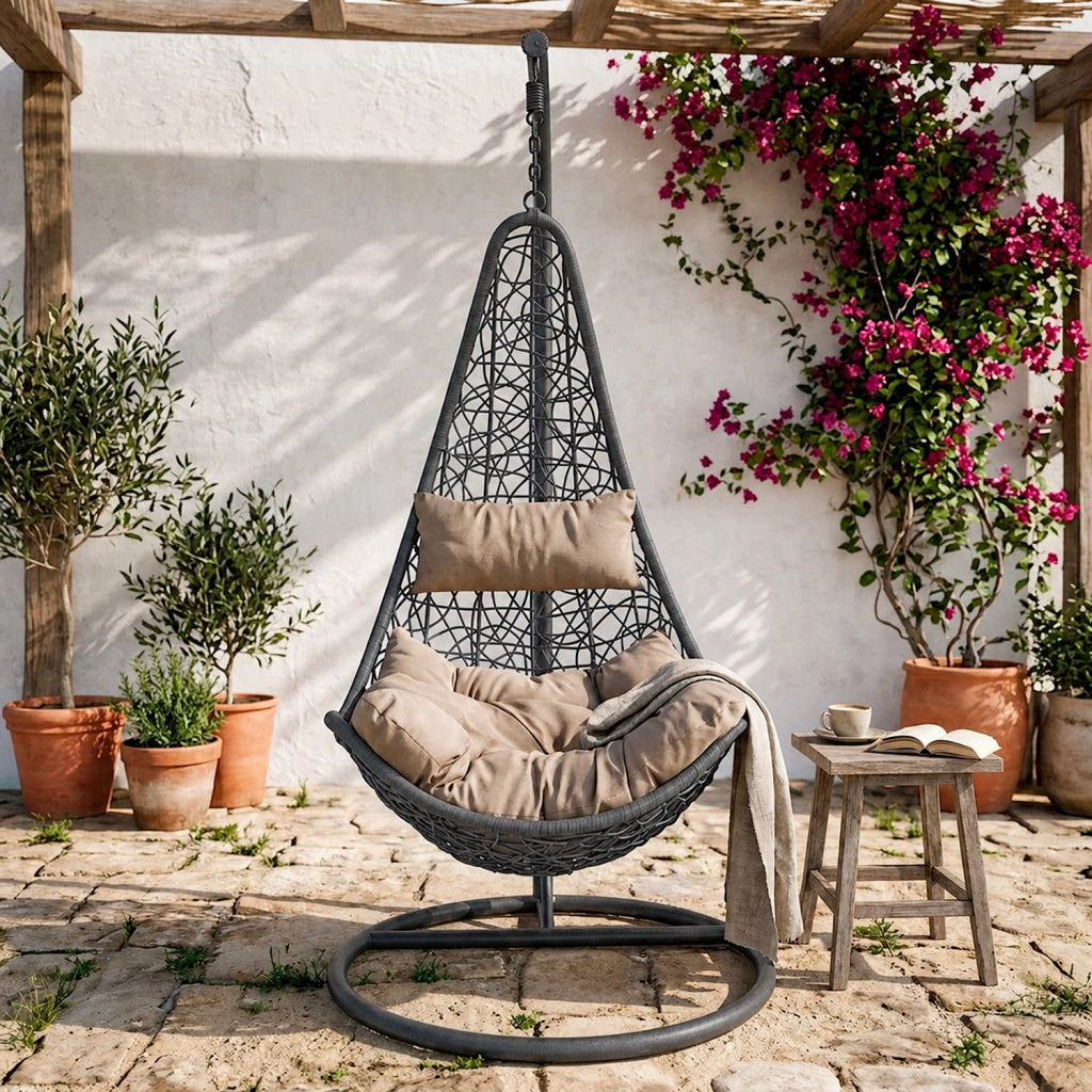 Poltrona Sospesa Da Giardino Con Seduta In Polyrattan Struttura Autoportante In Metallo Cuscino Con Poggiatesta Beige Arredo Outdoor Terrazza Balcone E Veranda 105 X 195 Cm Nero