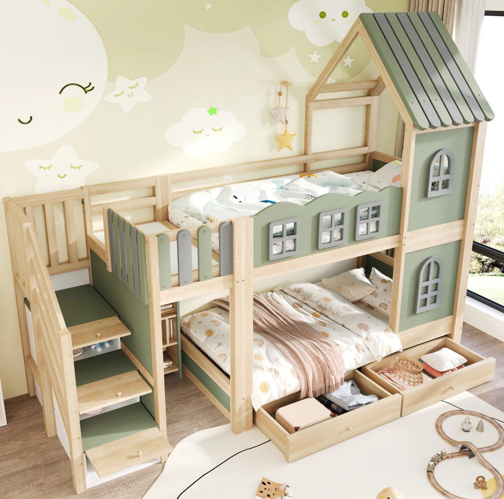 Letto a castello a casetta 90x200 cm con scala contenitore e cassetti
