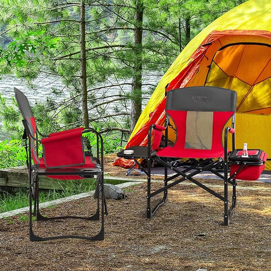Sedia da Campeggio Pieghevole, Sedia da Regista Robusta con Tavolino, Borsa Frigo, Borsa Portaoggetti e Cinghia, Portata 180 kg, per Campeggio Escursione Pesca Picnic (Rosso)