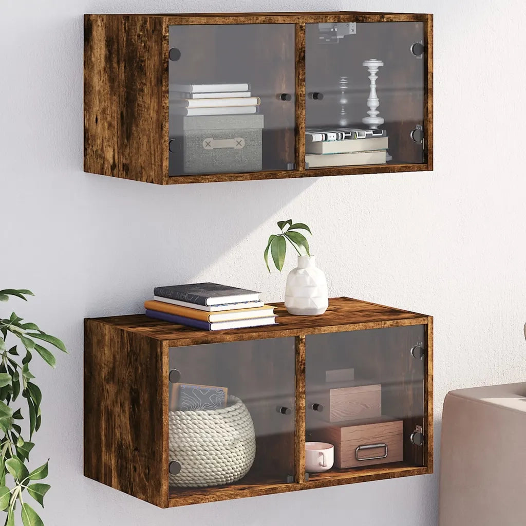 Armadietto a Muro | Mobili a Muro con Ante in Vetro 2 pz Rovere Fumo 68,5x37x35 cm