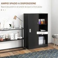 Armadietto da Ufficio a 3 Ripiani con 2 Chiavi di Sicurezza e Ante Scorrevoli, 80x40x120 cm, Nero