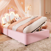 Letto imbottito 90x200 cm con contenitore; LED e testiera regolabile in PU rosa