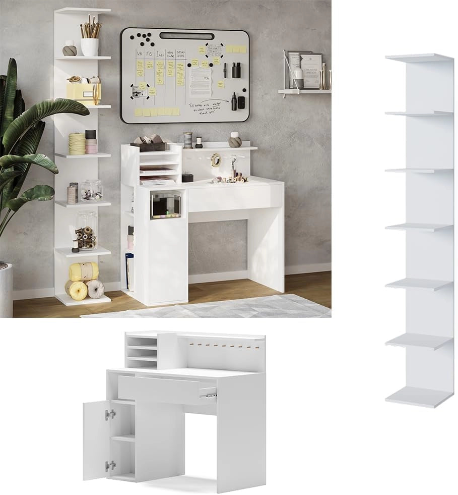 Scrivania, Bianco, 2 parti, con libreria, con piano d’appoggio aperto per materiali da lavoro