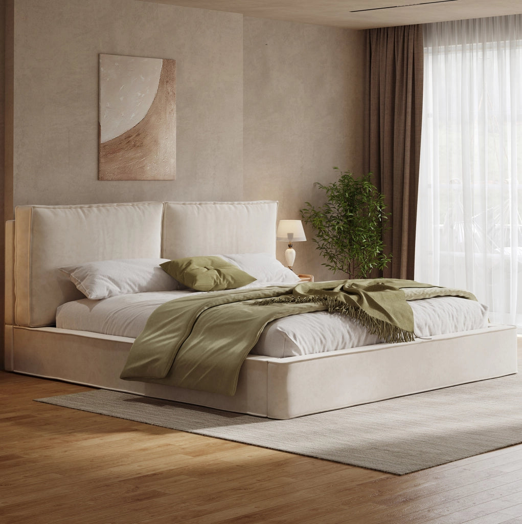 Letto matrimoniale imbottito 160x200 cm in chenille beige con rete a doghe e testiera alta 105 cm