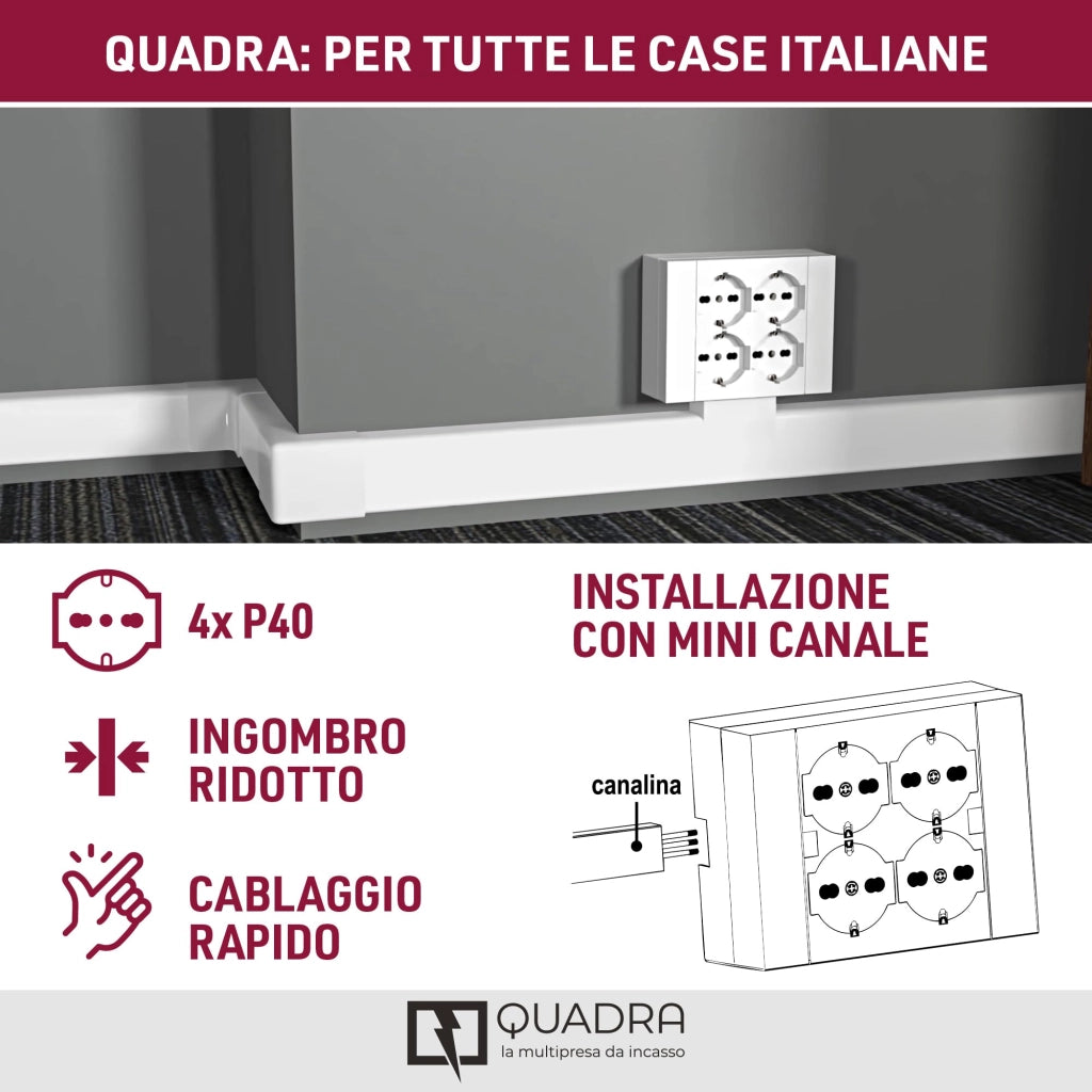 MULTIPRESA da parete ESTERNA  4 PRESE schuko bianca con scatola di supporto per installazioni superficiali, compatibile con tutte le scatole da incasso 3 posti (muratura o cartongesso)