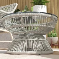 Tavolino da Giardino Rotondo, Tavolino d'Appoggio in Resina Effetto Rattan e Piano in Vetro Temperato, Ø 60 x 37H cm, Grigio chiaro