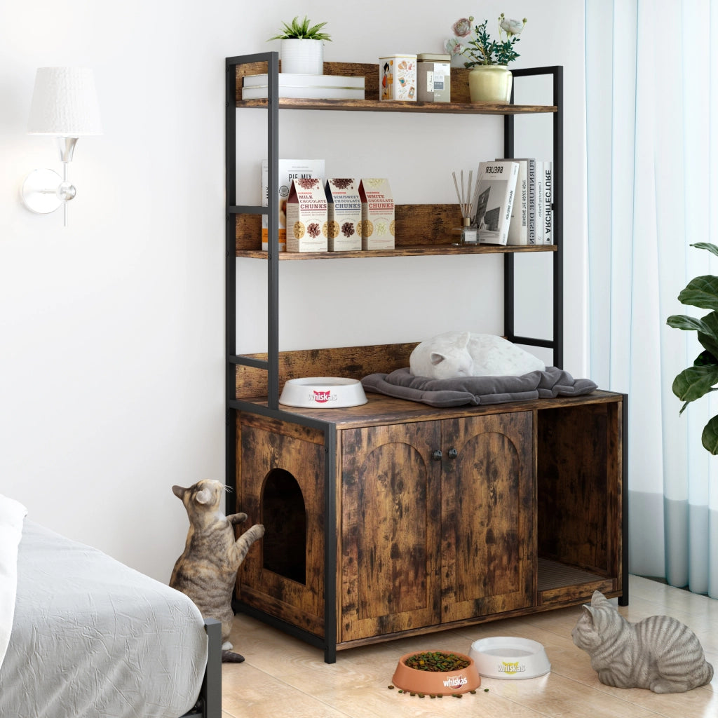 Mobile per lettiera per gatti con scaffali portaoggetti, 2 ante e struttura in MDF e metallo, colore marrone